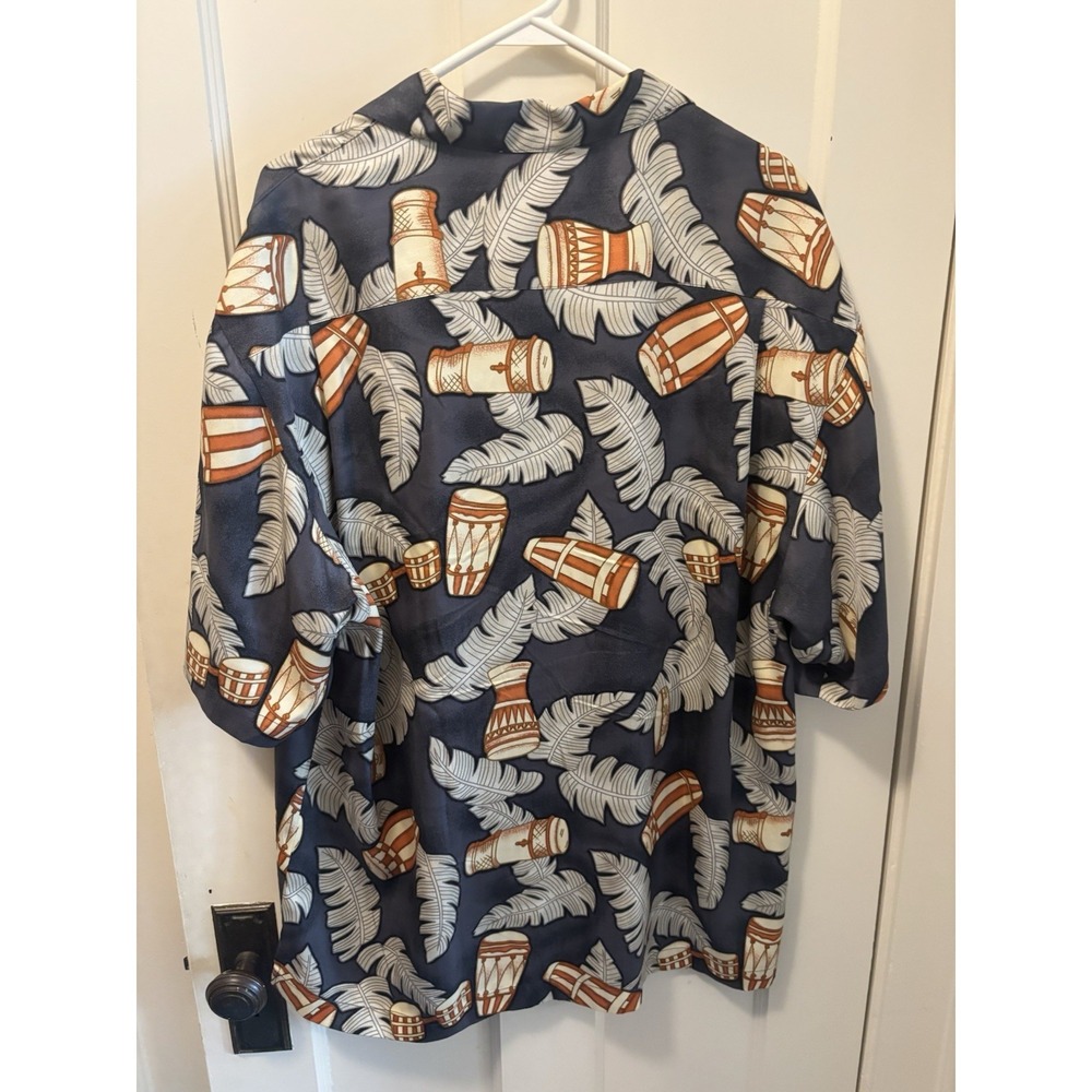 Tommy Bahama Mens Silk Camp Shirt Bongo Drum‎ Palm Leaf Tropical Gray Orange XL - Picture 3 of 3